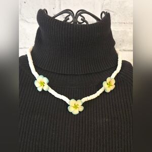 Plumeria Flower Choker Necklace – White Polymer Heishi Beads Tropical Surf Style